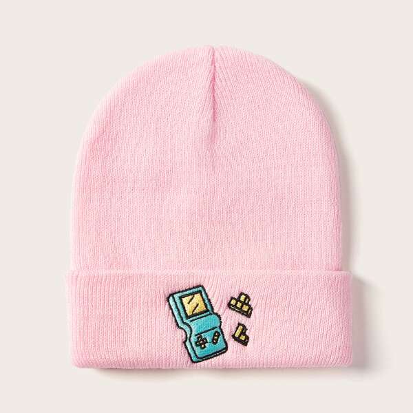 

Cartoon Embroidery Knit Beanie, Pink