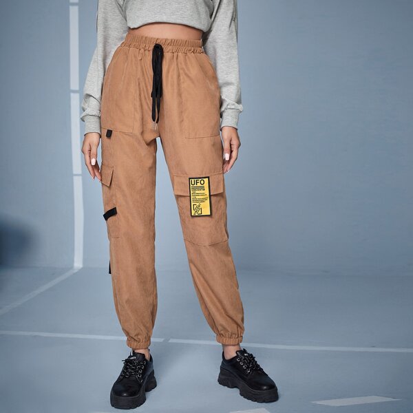 

Flap Pocket Letter Patched Tie Front Cargo Pants, Khaki