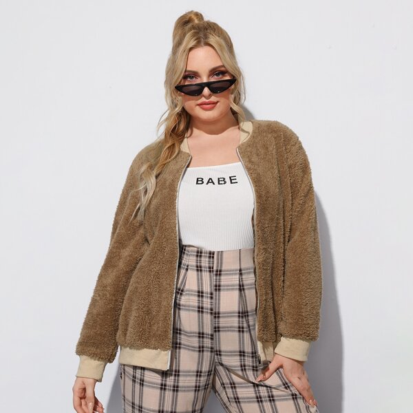 

Plus Zip Up Teddy Jacket, Camel