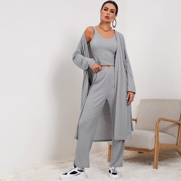 

3 Pack Solid Waffle Belted Lounge Set, Grey