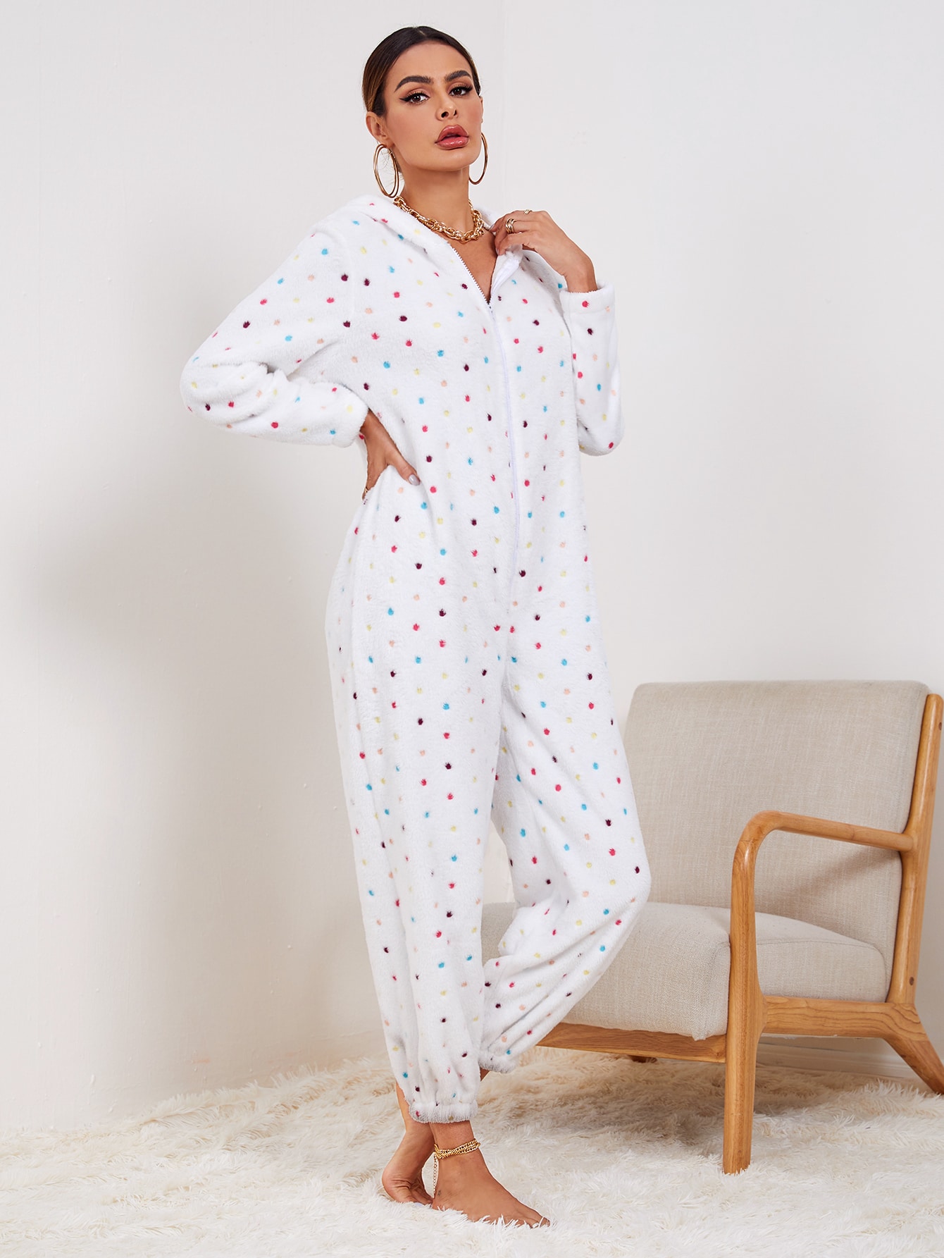 Polka Dot 3D Ear Hooded Plush Onesie thumbnail