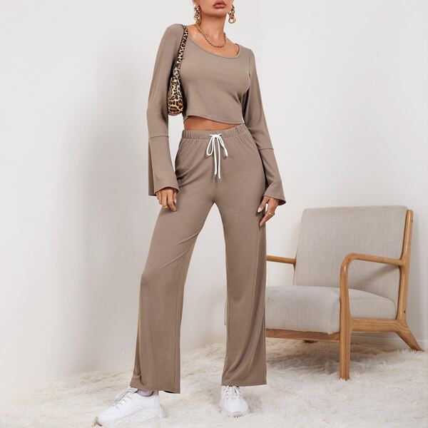 

Scoop Neck Flounce Sleeve Drawstring Lounge Set, Mocha brown