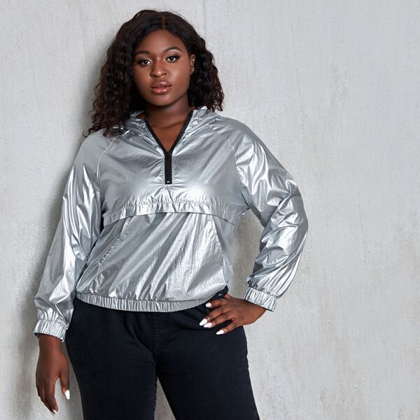 

Plus Half Zip Raglan Sleeve Hooded Jacket, Silver