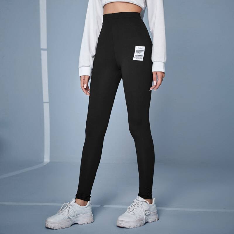 

Letter Patched High Waist Leggings, Black