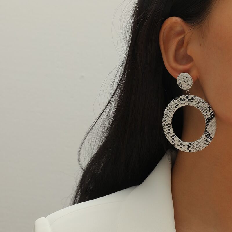 

Snakeskin Round Drop Earrings, Black and white
