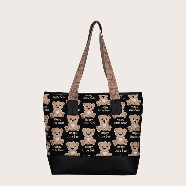 

Cartoon Graphic Large Capacity Tote Bag, Black