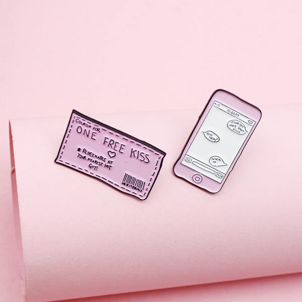 

2pcs Cell Phone Design Brooch, Pink