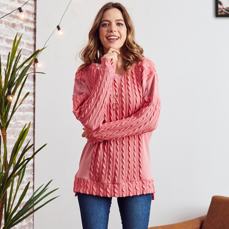

LUUKSE Drop Shoulder Cable Knit Pullover, Dusty pink