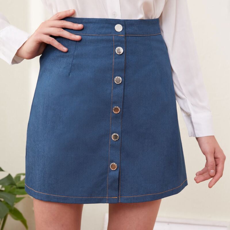 

Stitching Button Up Skirt, Blue
