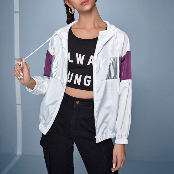 

Contrast Panel Zip Up Hooded Windbreaker Jacket, White