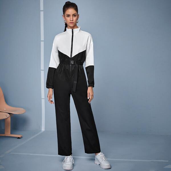 

Zip Up Two Tone Belted Jumpsuit, Black and white