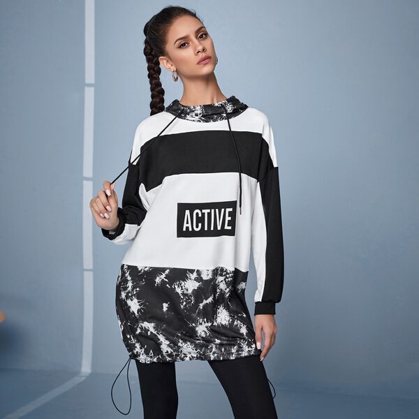 

Tie Dye Panel Color Block Drawstring Hoodie, Black and white