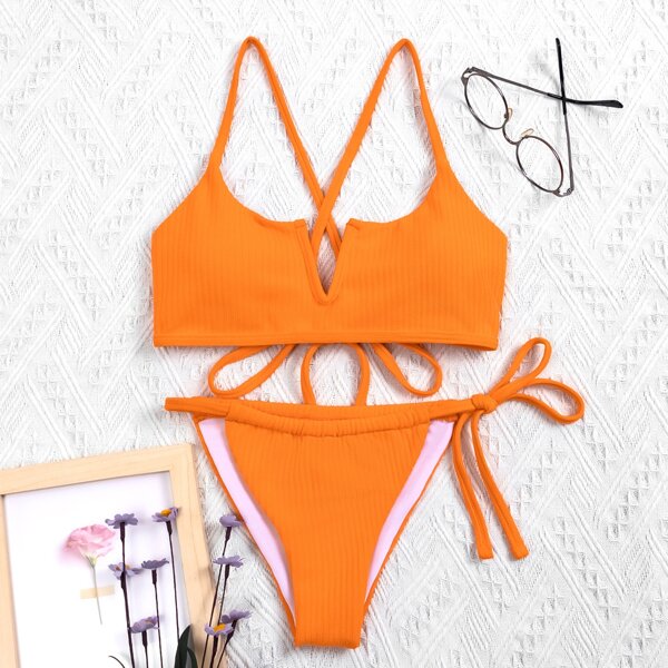 

V Wired Thong Bikini Swimsuit, Orange