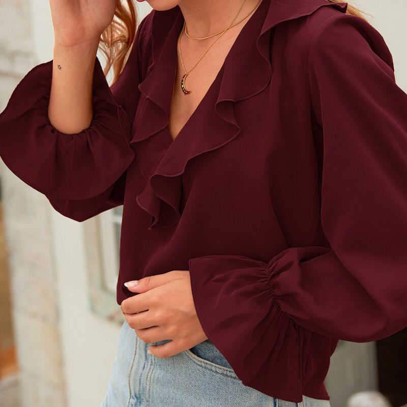 

Flounce Sleeve Ruffle Trim Top, Maroon