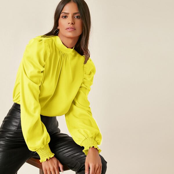 

Tie Neck Shirred Cuff Top, Yellow