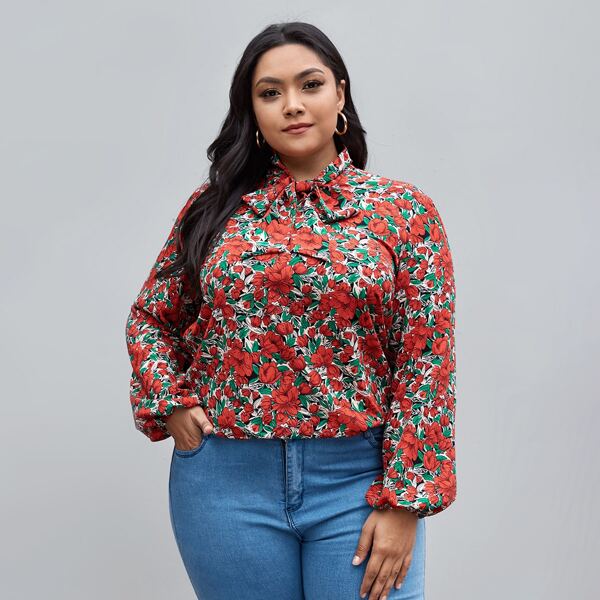 

Plus All Over Floral Print Tie Neck Blouse, Multicolor