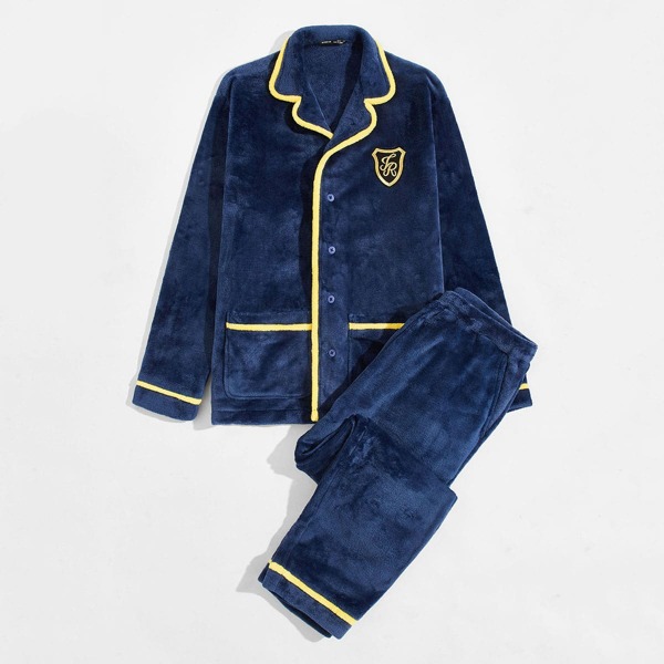 

Men Embroidery Detail Contrast Binding Shirt & Pants PJ Set, Navy blue
