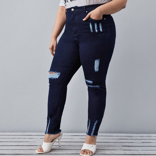 

Plus Curvy High Waist Ripped Skinny Jeans, Dark wash