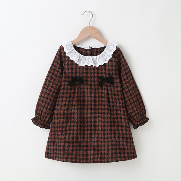 

Toddler Girls Plaid Eyelet Embroidery Trim Bow Front Tweed Dress, Multicolor