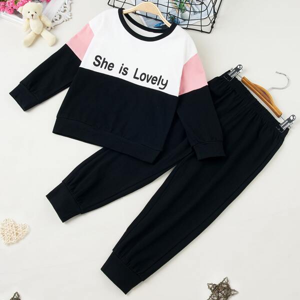 

Toddler Girls Colorblock Slogan Graphic Sweatshirt & Sweatpants, Black