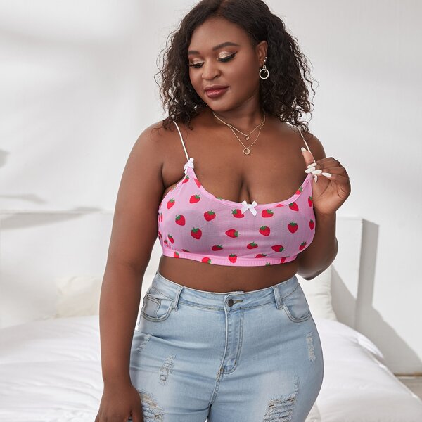 

Plus Strawberry Pattern Mesh Bralette, Pink