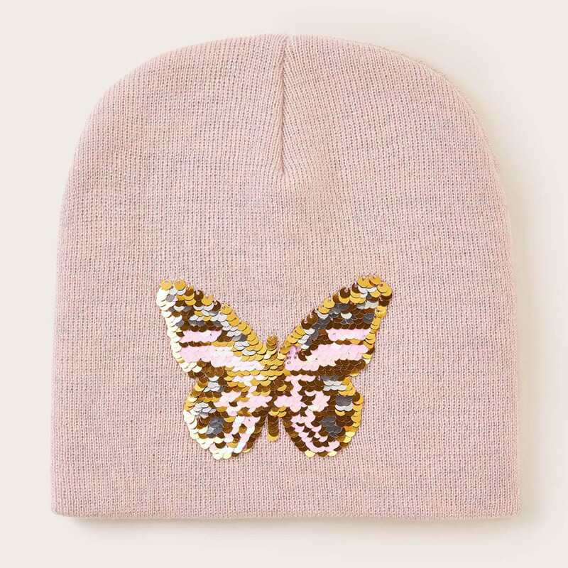 

Sequin Butterfly Knitted Beanie, Pink