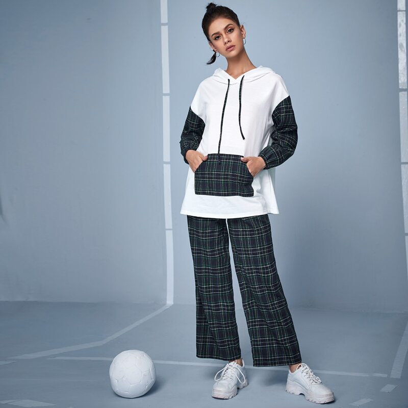 

Kangaroo Pocket Drawstring Hoodie & Tartan Print Pants, Multicolor