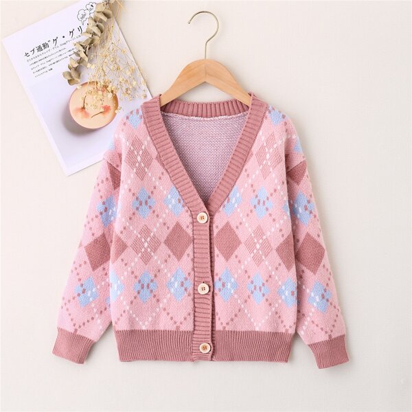

Girls Argyle Pattern Button Through Cardigan, Pink