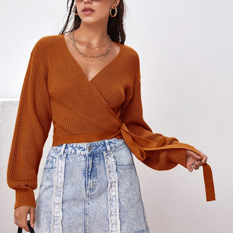 

Drop Shoulder Wrap Knotted Cardigan, Brown