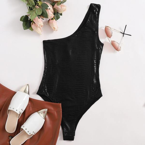 

Plus Snakeskin Pattern One Shoulder Leather Look Bodysuit, Black