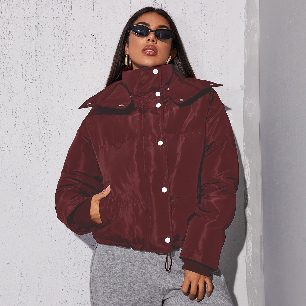 Image of Drawstring Hem Single Breasted Placket Puffer Jacket