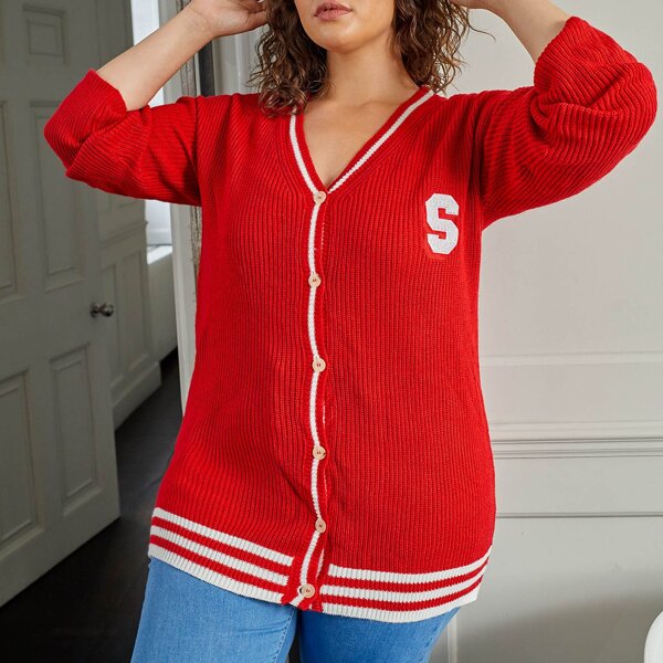 

Plus Letter And Striped Pattern Button Front Cardigan, Red