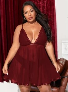 Classic Sexy Plus Floral Lace Mesh Slips & Thong - Burgundy - View 1