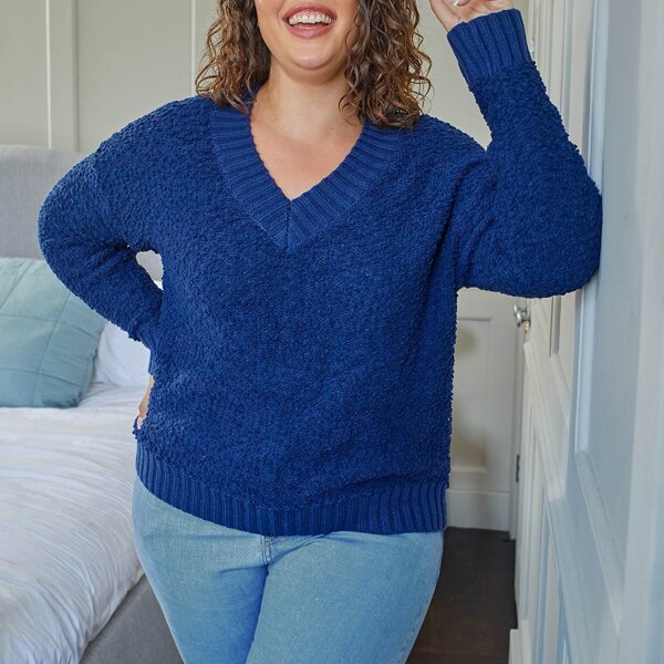 

Plus V Neck Drop Shoulder Sweater, Blue