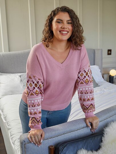 Plus Drop Shoulder Argyle Pattern Sweater