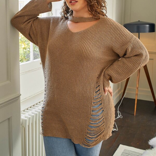 

Plus Choker Neck Drop Shoulder Ripped Sweater, Camel