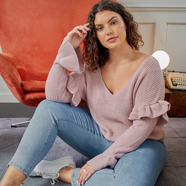 

Plus Drop Shoulder Ruffle Trim Sweater, Pastel pink
