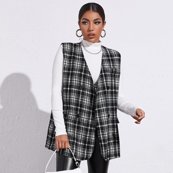 

Double Button Tartan Pattern Vest, Black and white
