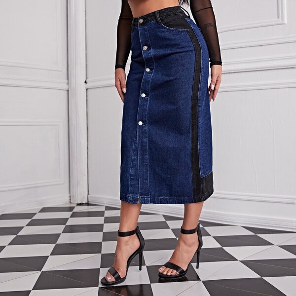 

High Waist Buttoned Color Block Denim Skirt, Dark wash