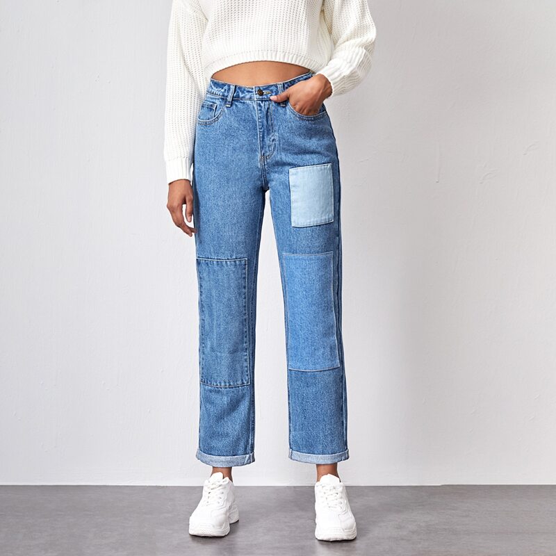 

High Waist Cut and Sew Straight Leg Jeans, Light wash