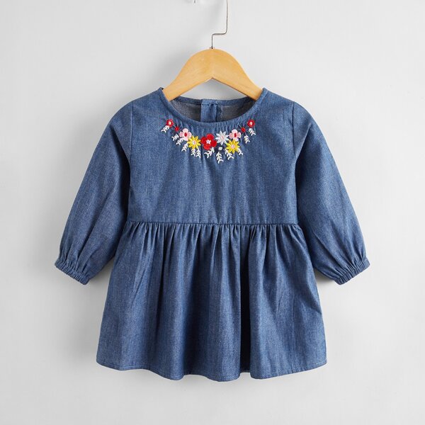 

Baby Girl Floral Embroidery Denim Dress, Medium wash