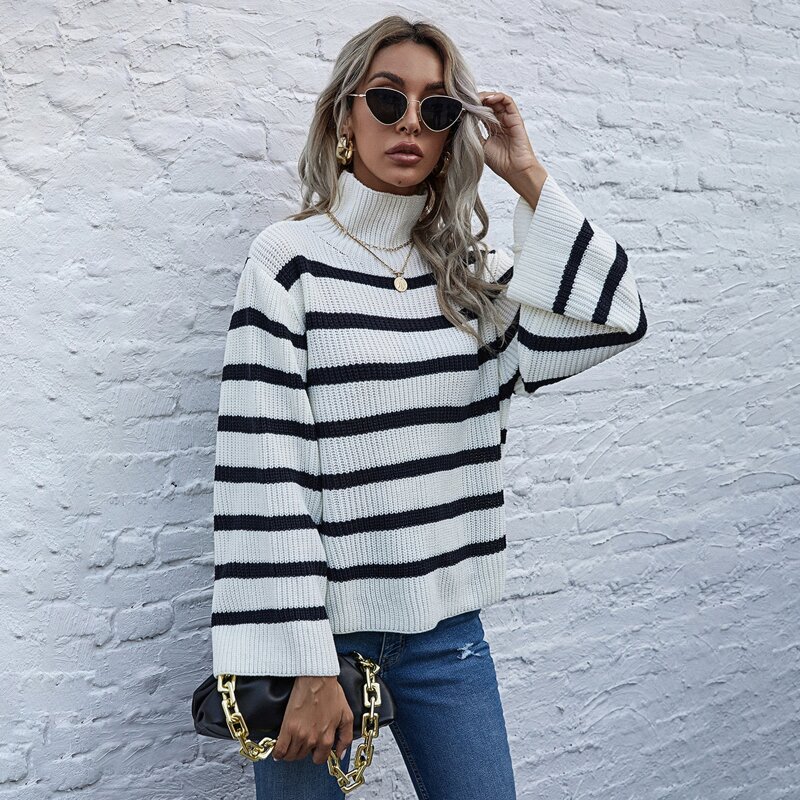 

High Neck Striped Slit Hem Sweater, Black and white