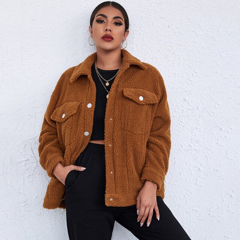 

Flap Pocket Drop Shoulder Teddy Coat, Brown