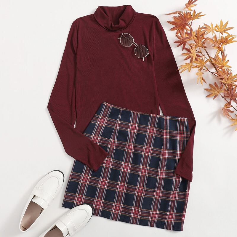 

Mock Neck Solid Tee With Tartan Print Skirt, Multicolor