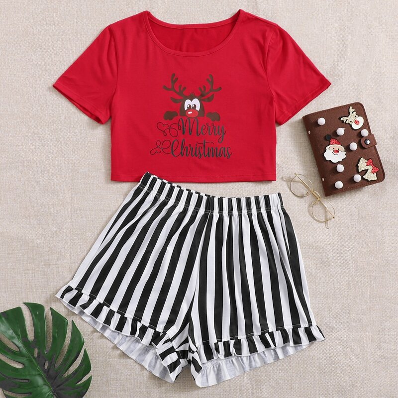 

Christmas Cartoon Deer Tee & Striped Shorts PJ Set, Red