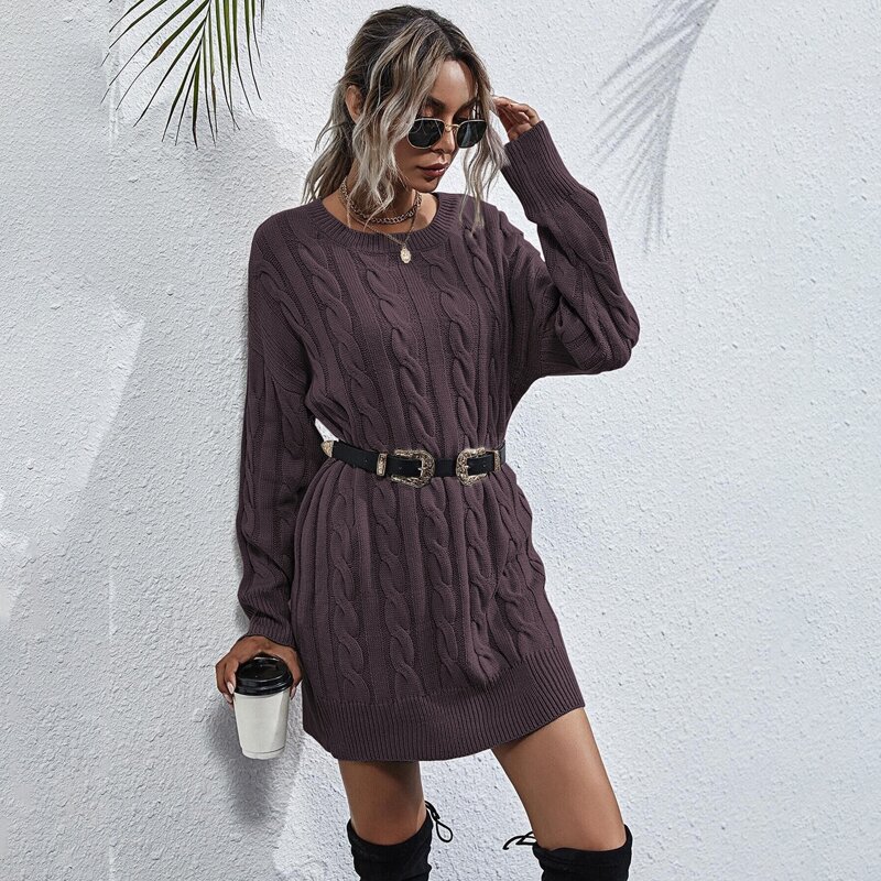 

Cable Knit Drop Shoulder Sweater Dress Without Belt, Chocolate brown