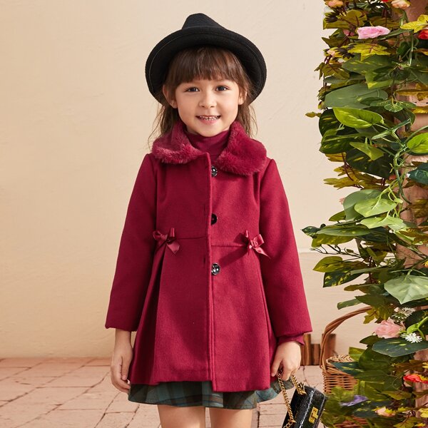 

Toddler Girl Bow Detail Overcoat With Borg Collar, Rose red