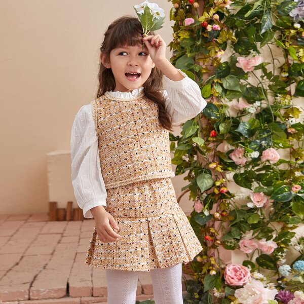 

Toddler Girl Frayed Trim Tweed Vest & Pleated Skirt Set Without Top, Yellow pastel