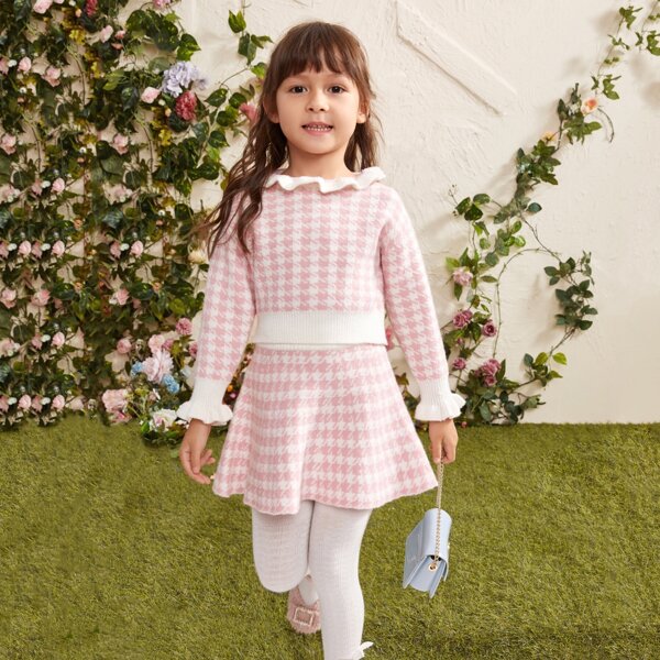 

Toddler Girl Ruffle Trim Houndstooth Sweater & Sweater Skirt Set, Baby pink