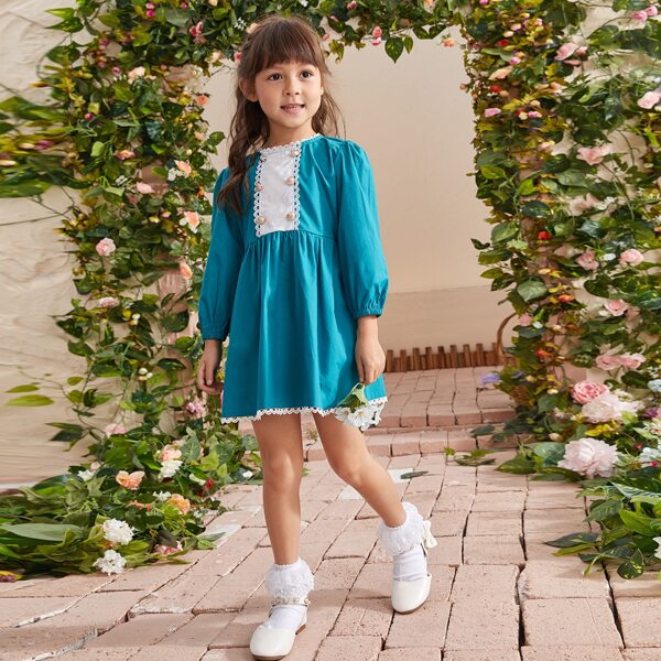 

Toddler Girl Lace Panel Double Button Babydoll Dress, Blue